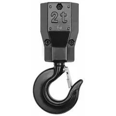 This bottom hook assembly is designed for use with electric chain hoists. It includes a latch and has a compatible load capacity of 4,000 lb. Suitable for lifting applications in industrial and manufacturing environments.