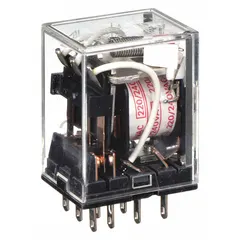 Socket-mounted, plug-in relay with square base and flat pins. 3PDT contact configuration rated 5 A at 240V AC. Operating current 2 A at 24V DC for inductive loads. 11 quick-connect terminals. Suitable for general-purpose switching in control panels and automation systems.
