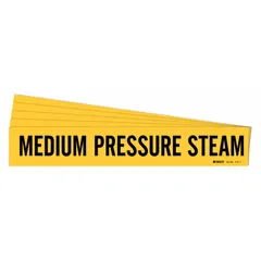 Yellow adhesive pipe marker with black legend text reading 'Medium Pressure Steam.' Designed for pipe outer diameters from 2-1/2 to 7-7/8 inches. Sold in packs of 5. No directional arrows. Used for identifying medium pressure steam piping in industrial facilities.