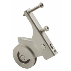 This roller assembly is designed for use in screen door hardware, providing smooth sliding operation. It measures 6 7/16 inches in both overall height and length, with a gray, unfinished finish. Suitable for residential or light-commercial screen door applications.