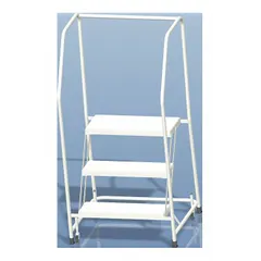 Assembled aluminum weight-actuated ladder with a 2.4 ft platform height. Features a gray ribbed finish and includes handrails. The weight-actuated casters lock when stepped on for stability. Suitable for elevated access in warehouses, stockrooms, and industrial facilities.