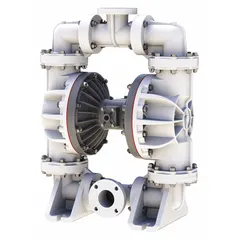 This air-operated double diaphragm pump features a polypropylene housing with a 3-inch flange connection and a flow capacity of 280 gpm. It is equipped with a PP seat and Santoprene check valves, suitable for handling abrasive, viscous, or solids-laden fluids in industrial transfer applications.