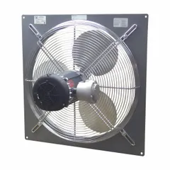 This direct-drive panel exhaust fan is rated for hazardous locations including Class I, Div 1, Groups C and D. It features a 24-inch blade, 1/3 hp motor delivering 5520 cfm, and operates on 230/460V AC three-phase power. The fan is assembled with a powder-coated steel frame, intake guards, and a totally enclosed air-over motor for use in environments with flammable gases, vapors, or combustible dusts.