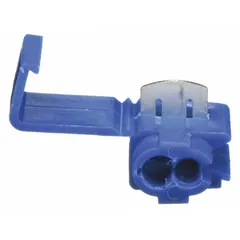 This double-port run tap wire connector is designed for splicing or tapping electrical wires without stripping insulation. It accommodates a run size range of 18 AWG to 14 AWG and is rated for 600 V. The blue connector is suitable for use in junction boxes, control panels, and lighting systems.