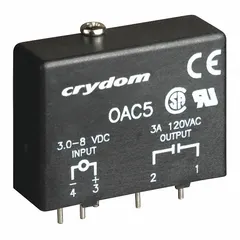 PCB-mounted output module with 4 pins. Accepts 8V DC input to switch AC loads from 12 to 140V. Used in industrial control panels and automation systems for interfacing logic signals with AC power circuits.