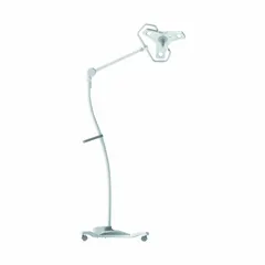 Floor-stand medical light with LED illumination delivering 90,000 lux at 24 inches. Color temperature of 3700K with a CRI of 95 for accurate tissue color rendering. Operates on 120V AC via power cord and plug, consuming 42 W. Suitable for clinical examinations and minor procedures in medical settings.