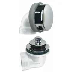 This plastic bathtub drain and overflow kit features a push-pull stopper for easy operation and a glued connection for secure installation. With a chrome finish and silver color, it is designed for residential bathtub drainage and overflow prevention. Overall height is 16 inches, overall diameter is 2-7/8 inches.