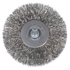 Crimped stainless steel fill brush for light cleaning of stainless steel surfaces. Removes oxidation, light rust, and weld discoloration without contaminating the base metal. 3" diameter, 5/8" width, 1/4" shank, 0.014" fill. For use with rotary tools in metal fabrication, maintenance, and finishing applications.