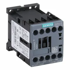 Non-reversing IEC contactor with three poles and three normally open contacts. Rated 12 A with 120V AC coil. Suitable for switching motors, lighting, and heating circuits in industrial control applications. No integrated surge suppression.