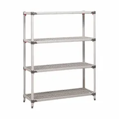 This stationary plastic shelving unit features a steel frame with four antimicrobial plastic shelves, each supporting up to 800 lb. The Quick-Adjust mechanism allows shelf repositioning without tools. Suitable for sanitary storage in environments requiring hygiene, such as food service and healthcare.