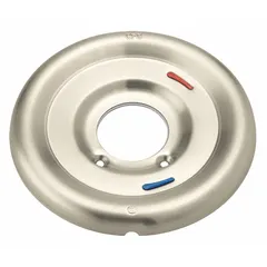 Metal circle trim plate with nickel finish. Used as a temperature control lever component for bathtub and shower faucets. Provides a finished appearance around the valve handle.