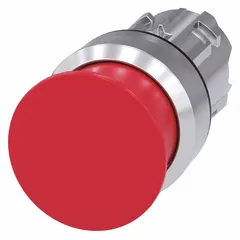 Momentary-action mushroom-head push-button operator from the Siemens 3SU series. Features a metallic construction and red actuator. Designed for 22 mm panel mounting, suitable for use as a control operator in industrial control panels and machinery.