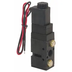 Steel solenoid air valve for controlling tailgate operation on heavy dump trucks. Rated to 130 psi. Black finish, unfinished. Suitable for pneumatic actuation in demanding environments.