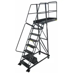 This unsupported cantilever ladder provides a 6.7 ft platform height for accessing elevated work areas. Constructed of steel with a gray finish, it includes double handrails and locking casters for stability and mobility. The unit is supplied unassembled. Typical applications include maintenance, stocking, and assembly tasks in industrial and warehouse settings.