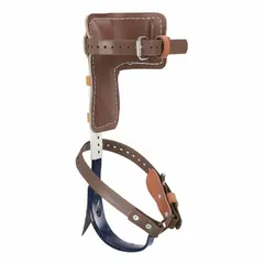 This pole-climber kit includes steel gaffs (1-5/8 in length, 22° angle), leather pads, and nylon straps. It has a minimum climber length of 15 inches and is designed for use with model 5301-18. Used by linemen and utility workers for climbing wooden poles during line installation and maintenance.