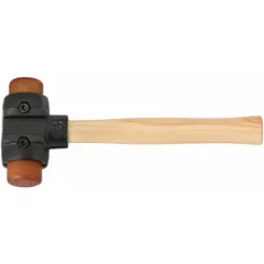 Rawhide-tip hammer with replaceable medium-hardness tips and a 4 lb iron head. Tip diameter is 2 in, overall length 13 in. Suitable for striking applications where a non-marring surface is required, such as assembling machinery, seating bearings, or forming sheet metal.