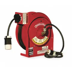 Self-retracting cord reel with ratchet lock mechanism. Includes 45 ft of 12 AWG SJEOOW cable, 5-20P feeder plug, and 5-20R retractable outlet. Suitable for organizing power cords in workshops, warehouses, and maintenance areas.