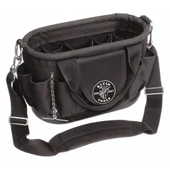 Black polyester tool tote with 17 pockets for organizing and carrying hand tools, testers, and small parts. Dimensions: 15 1/2 in W x 7 1/2 in D x 10 in H. Suitable for job sites, construction, and maintenance tasks.
