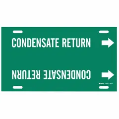 Green snap-on pipe marker with white legend reading 'Condensate Return' and directional arrows. Fits pipe outer diameters of 8 to 9-7/8 inches. Used to identify condensate return lines in steam and HVAC piping systems.