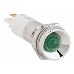Green LED pilot light with protruding head for panel mounting in a 10 mm hole. Features a 0.11 Male Quick Disconnect electrical connection. Used for visual status indication on industrial control panels and machinery.