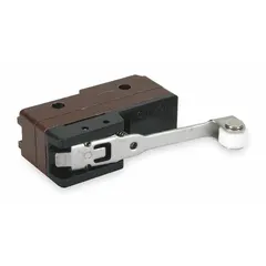 Snap-action switch with hinge roller lever actuator, 1NO/1NC contact configuration, and solder electrical connection. Rated for 2 A at 250 V AC. Suitable for position sensing and limit control in industrial automation, packaging machinery, and conveyor systems.