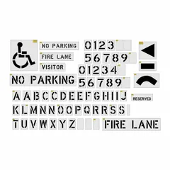 This 73-piece stencil kit is made from 0.125-inch thick Low Density Polyethylene (LDPE) for marking traffic and parking control legends on pavement. It includes a 4-inch Reserved Curb Stencil and is suitable for creating durable markings in parking lots and roadways.