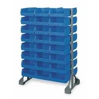 This stationary bin rail rack features 96 blue hang and stack bins on a two-sided gray rack. It provides organized storage for small parts such as fasteners, fittings, and tools in workshops, warehouses, and assembly lines