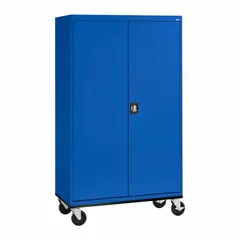 This full-height mobile wardrobe cabinet from SANDUSKY features a solid construction with hanging rods and shelves for organized storage of garments and supplies. With an overall width of 46 inches and a blue finish, it is supplied unassembled for on-site assembly. Suitable for industrial storage applications such as warehouses, factories, and locker rooms.