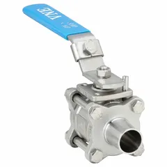 This 4-inch straight full port ball valve is made of 316 stainless steel with a 20 Ra μ-in surface finish. It meets 3A Sanitary Standards and features a locking lever handle. Suitable for sanitary processing applications requiring cleanability and corrosion resistance.