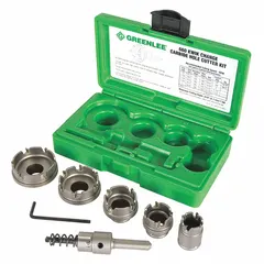 This 6-piece hole cutter kit features carbide-tipped construction for cutting precise holes in metal. Each cutter has a maximum cutting depth of 1/8 inch and 4/6 teeth. Suitable for applications requiring clean, burr-free holes in metal materials.