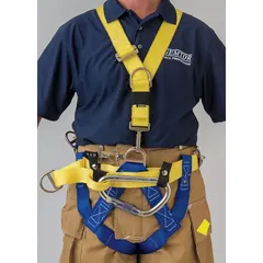 This NFPA 1983 compliant Class III full-body harness is constructed from yellow nylon webbing with steel hardware. It features back and front D-rings for attachment and retrieval, and pass-through buckles on leg and shoulder straps. Waist size adjusts from 60 to 65 inches. Suitable for fall arrest, rescue, and confined space operations.