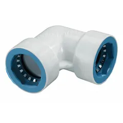 This ABS plastic elbow fitting connects 3/4" tubing to change flow direction in irrigation systems. With a maximum working pressure of 150 psi, it is suited for drip or sprinkler layouts requiring a 90-degree turn. Dimensions: 1.75 in width and height.