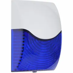 Wall-mount LED siren alarm with strobe light, operating on 12 to 24V DC. Features strobe-only or sounder-only control. Connects via wire leads. Overall width 3 7/32 in. Suitable for industrial safety signaling in facilities requiring visual and audible hazard warnings.