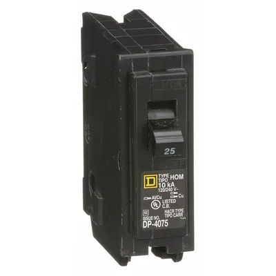 SQUARE D Miniature Circuit Breaker: 25 A, 120V AC, Single Phase, 10kA at 120V AC - HOM Series, Plug-In Square D Miniature Circuit Breakers