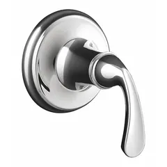 This tub and shower trim kit includes a metal handle and a circular metal trim plate in a chrome finish. It is designed to cover and operate compatible valve systems for bathtub and shower installations.