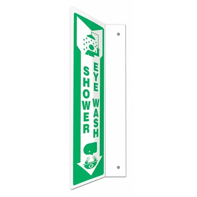 CONDOR Safety Sign: PETG, Mounting Holes Sign Mounting, 18 in x 4 in Nominal Sign Size - L-Shape Projection Shower Eye Wash Signs