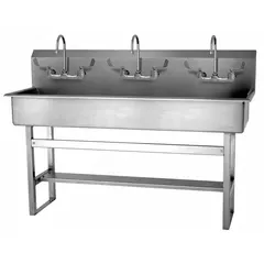 This three-station freestanding wash station includes faucets and is constructed from 16-gauge material. It features a 57-inch bowl length, 8-inch bowl depth, and a 2 gpm flow rate. Side splash is not included. Suitable for industrial settings requiring multiple handwashing stations.