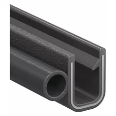 This round-bulb edge trim seal features a PVC outer and EPDM bulb with a side bulb profile and single-tongue gripping style. It has a 3/8 in leg length, black color, and is UL50E listed. Used to seal panel edges and provide weather resistance in enclosures, cabinets, and industrial equipment.