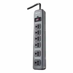 Industrial surge protector with 6 outlets, 3 ft cord, 900 J energy rating, 15 A current, and keyhole mounting. Gray finish with 5-15P plug and 5-15R receptacles. Used to protect equipment from voltage spikes in workshops and commercial facilities.