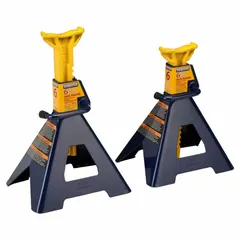 Steel square base and rectangular saddle. Ratchet handle for height adjustment. 6 ton load capacity. Maximum extended height 25 1/4 inches. Sold as a pair. Used to support vehicles during maintenance or repair.