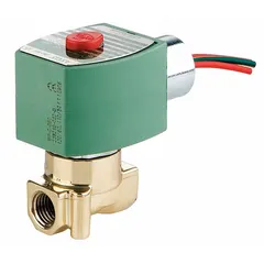 This REDHAT solenoid valve is a 2-way, 2-position normally closed unit with a 1/8 in pipe size and 120V AC voltage. It features a brass body with PTFE seal and a watertight coil enclosure without junction box. Typical applications include on/off control of neutral liquids and gases in automated fluid handling systems.