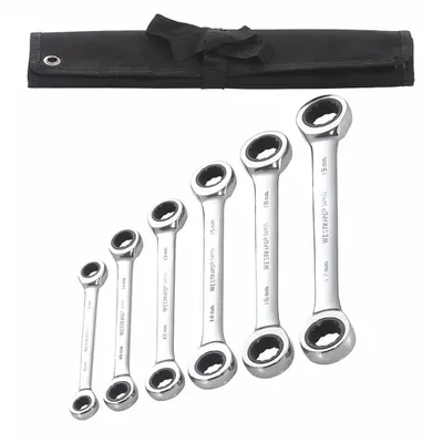 WESTWARD Box End Wrench Set: Alloy Steel, Chrome, 6 Tools - Metric, Double End, 12-Point, Ratcheting Box End Wrench Sets