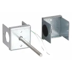 Hardwired duct temperature sensor with metal conduit box housing for duct-mount installation. Provides single measurement with ±0.34°F accuracy over 32°F to 158°F range. Includes two hex-head self-drilling screws. Compatible with building automation systems for monitoring air temperature in HVAC ducts.