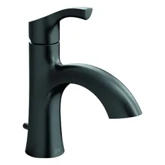 Metal construction with matte black finish. Single-post arc design with lever handle. Flow rate 1.2 gpm. Includes 50/50 pop-up waste assembly. Suitable for residential or commercial sink installations.