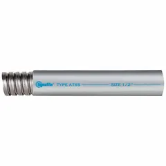 This LIQUATITE ATSS-11 conduit is a corrosion-resistant liquid-tight metallic conduit in 1/2 in trade size, gray color, supplied in a 100 ft nominal length. It is designed for industrial environments requiring protection against moisture and corrosive conditions, such as factories, processing plants, and outdoor equipment.