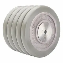 Polyurethane tread on aluminum core wheel with UltraGlide tread shape. 8 in diameter, 5 in width, 5,000 lb load rating. Gray color. Suitable for heavy-duty material handling carts, platform trucks, and tow-line systems in industrial environments.