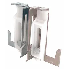 This hanging door guide measures 3 3/4 inches wide and supports doors up to 100 pounds. It is used to guide and stabilize sliding doors within their track, ensuring smooth operation and preventing sway. Suitable for bypass or pocket door systems in residential or light commercial settings.