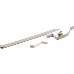 This right-hand crank window operator is designed for casement windows and includes a handle. It mounts to the window frame and features a white painted finish with a 4 3/4 in base length. Suitable for residential or light commercial applications where right-hand operation is required.