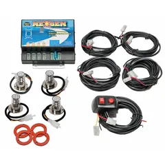 Blue/white LED concealed mount warning light with 15 selectable flash patterns. Operates on 12-24V DC, includes 9.8 ft wire leads with locking connectors, and screw mounting. Overall width 5 3/8 in. Suitable for emergency vehicles, construction equipment, and fleet vehicles requiring high-visibility signaling.
