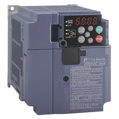 The FUJI ELECTRIC FRENIC Ace is a variable frequency drive with three-phase output, rated at 1/4 hp. It features a heat sink style and no bypass, with a black, blue, and gray color scheme. This drive is used to control the speed of three-phase AC motors in applications such as conveyors, pumps, and fans.
